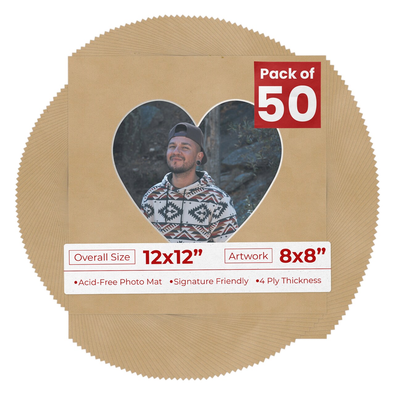 Beige Suede Mat Board for 12x12 Frames - Heart Opening for 8x8 Photos